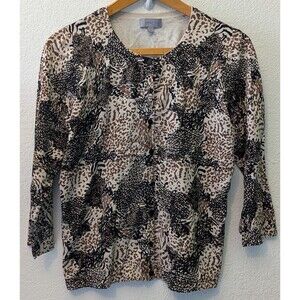 Amber Sun Womens Size Large Cardigan Animal Print Button Front Silk Blend (232m